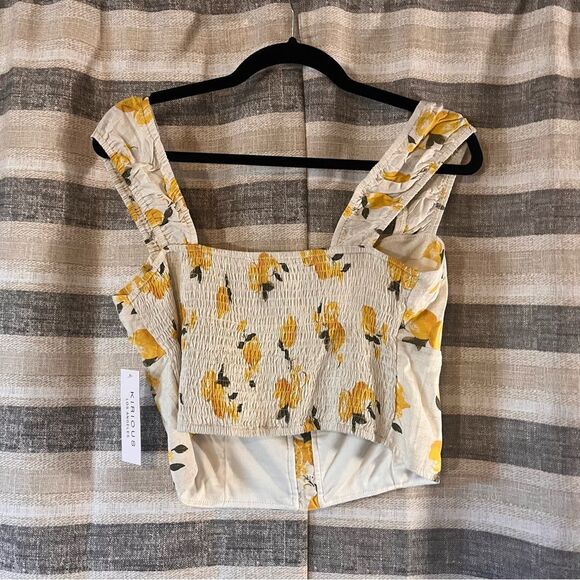 Kirious Tan Lemon Print Lace Up Crop Top Size XL‎ - Picture 2 of 9